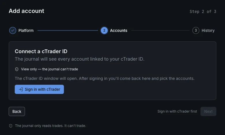 Etapa de conexão do cTrader no log.trading: entrar com um cTrader ID e escolher as contas a importar